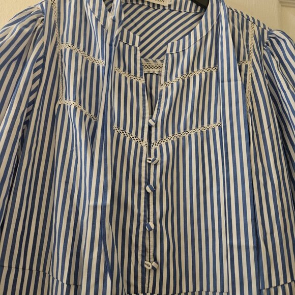 Boho Cottagecore NWT blue stripe midi Peasant Coastal dress embroider pocket XL - Picture 11 of 13